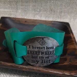 Teal-Green Leather Bracelet with Insirational Quote Metal Plate Antique Silver